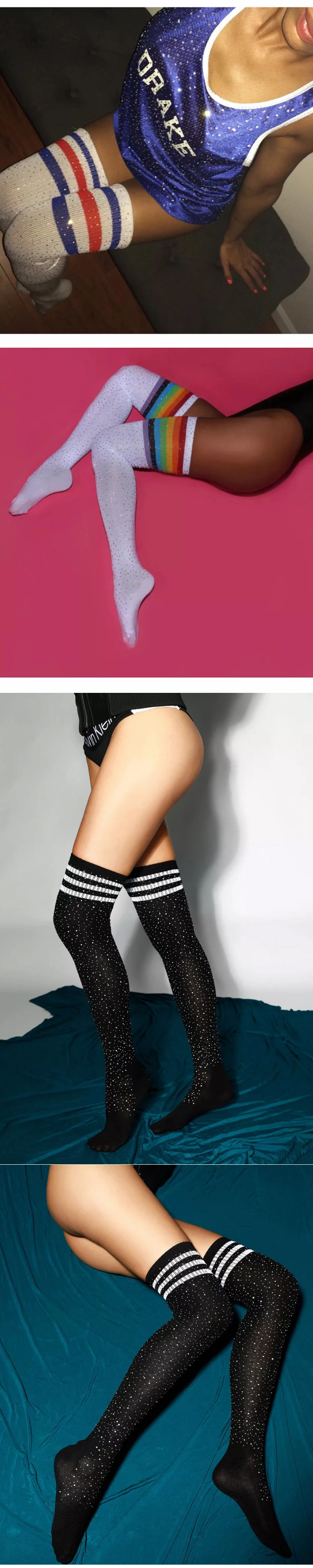 Sexy Hot Drilling Over The Knee Socks Striped Women&prime;s Long Tube Socks with Diamond European and American High Tube Socks